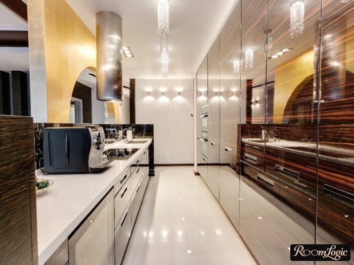 design of kitchen with glossy cabinet fronts imitating wood