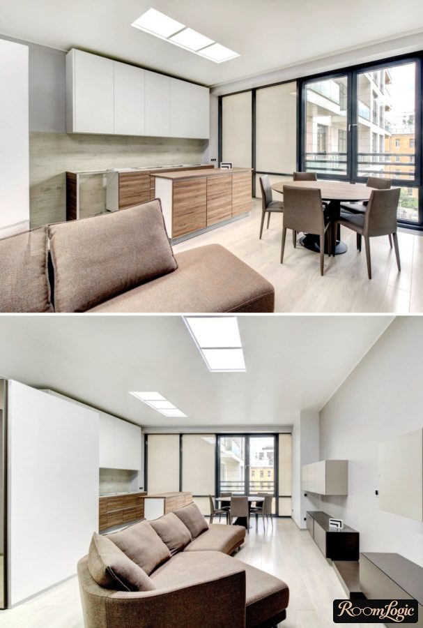 design of medium sized living room and kitchen in minimalism style