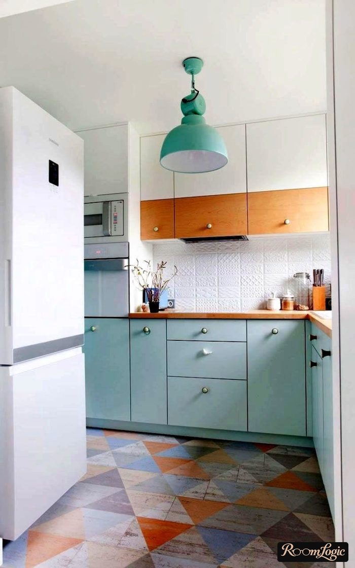 Design project of a kitchen in Scandinavian style with bright color accents