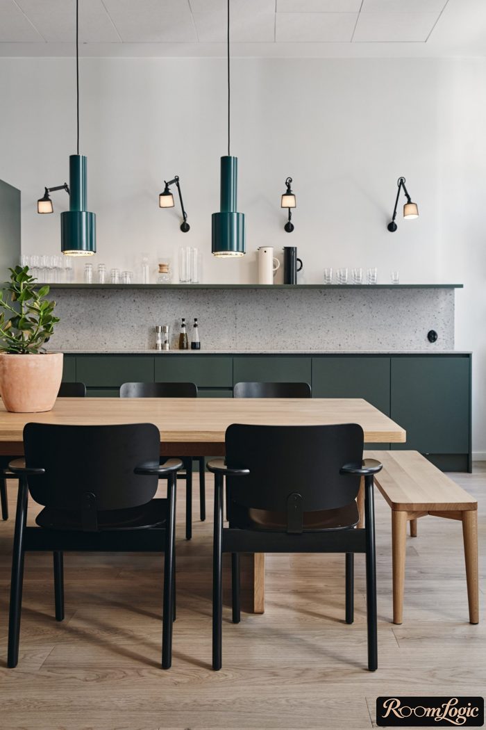 designer lighting in a kitchen with an open shelf