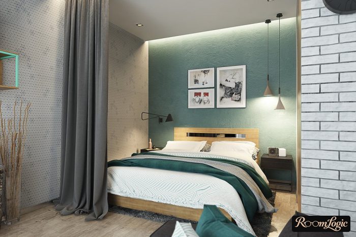 dirty teal accent wall in the bedroom