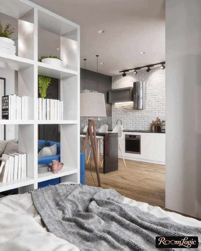 double bed in studio apartment