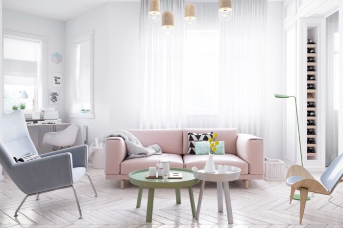 Drab pink sofa in the interior