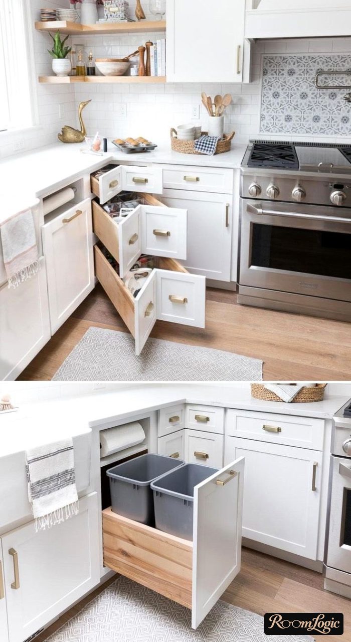 drawer hardware for the lower corner of a small kitchen