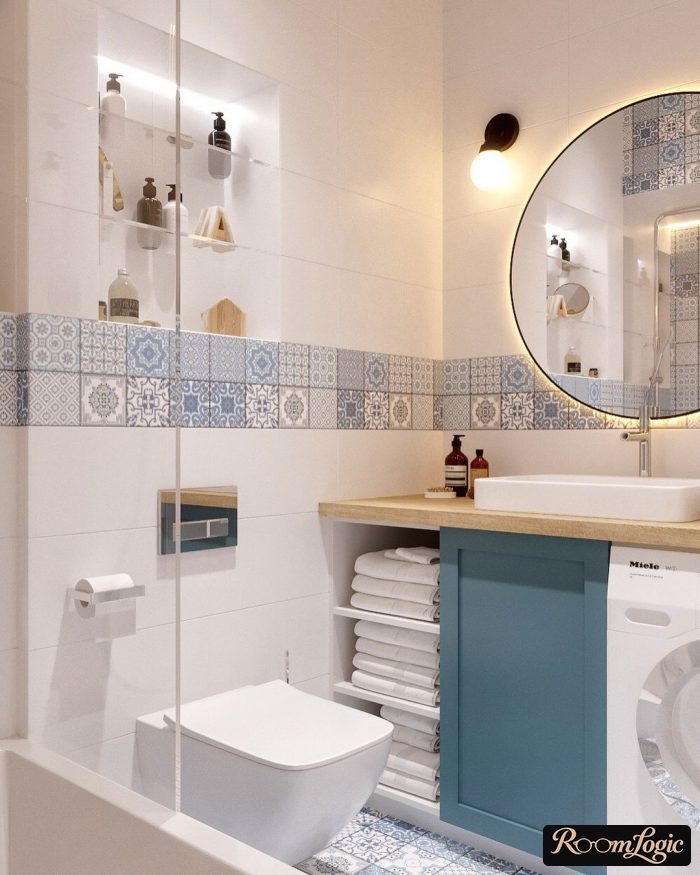Dusty blue in a bathroom interior
