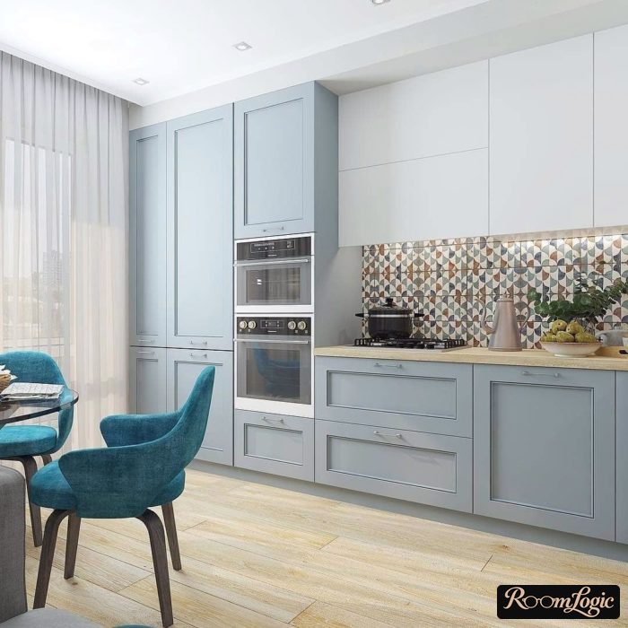 Dusty blue kitchen cabinets in neoclassical style
