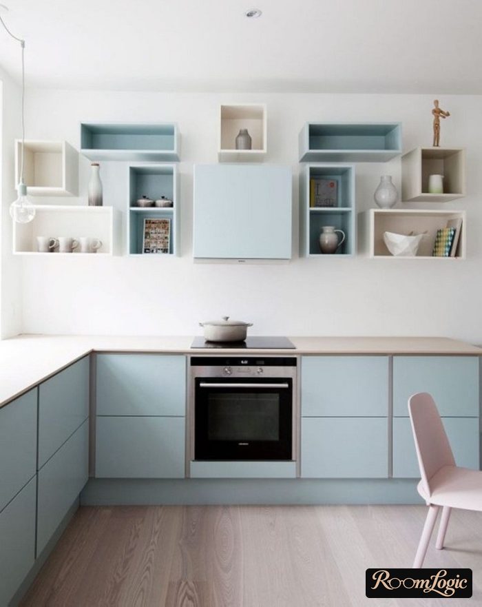 dusty blue kitchen with open cabinets