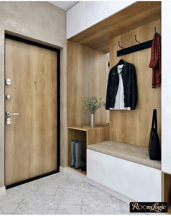 entryway with gray, white, and wood