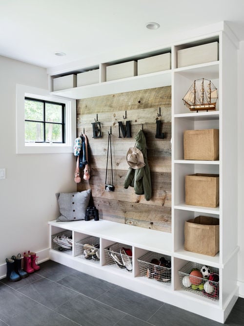 entryway with open shelves and hooks