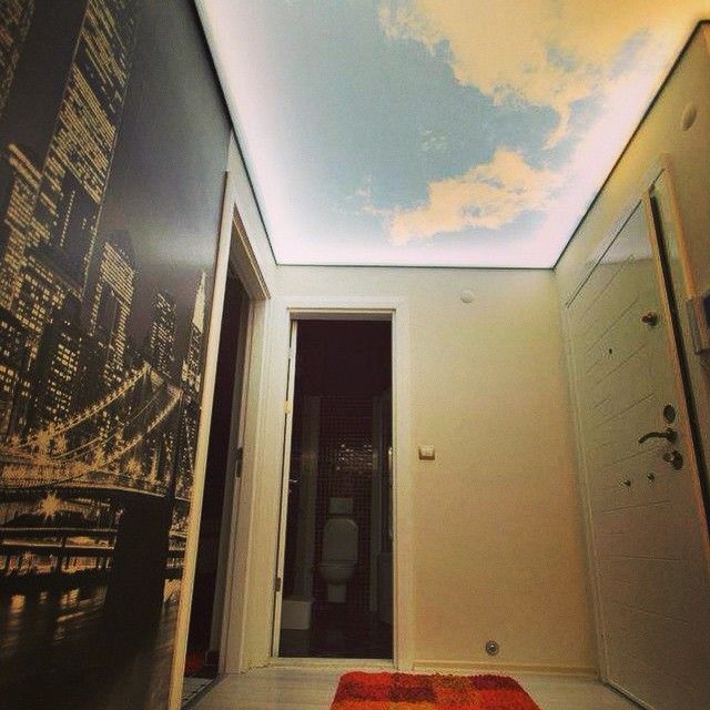entryway with stretch ceiling resembling sky