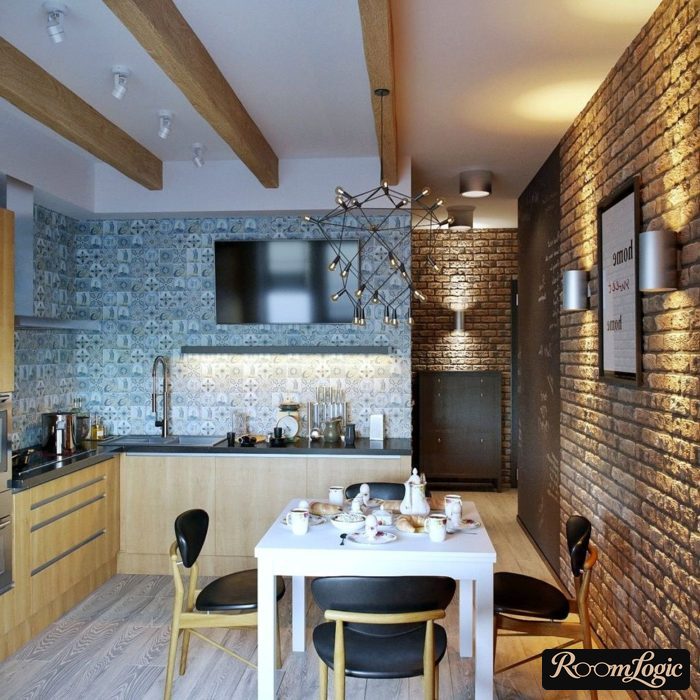 false beams on the ceiling in a loft style kitchen