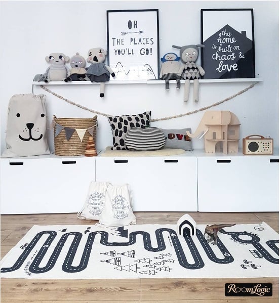 Floor-standing storage drawers in a boy's room