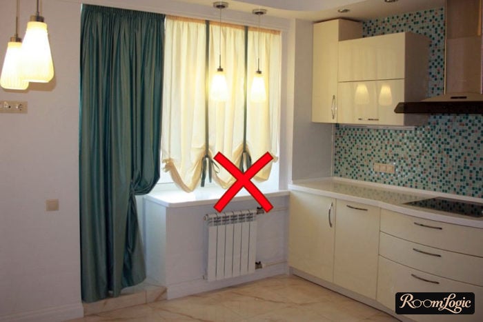 French curtains on the kitchen balcony door