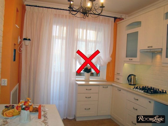 French drapery on the kitchen with balcony door