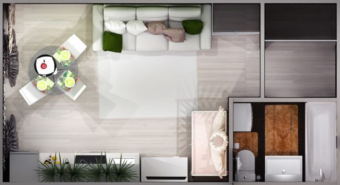 furniture arrangement and zoning in a rectangular studio