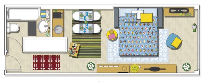 furniture arrangement in a narrow rectangular studio