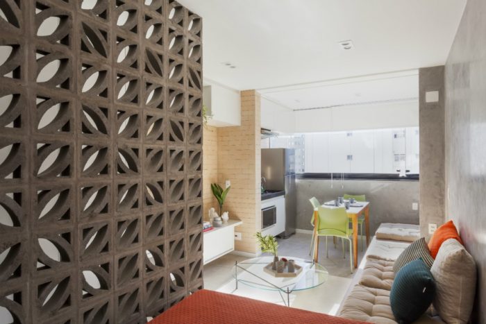 furniture layout in a narrow elongated studio