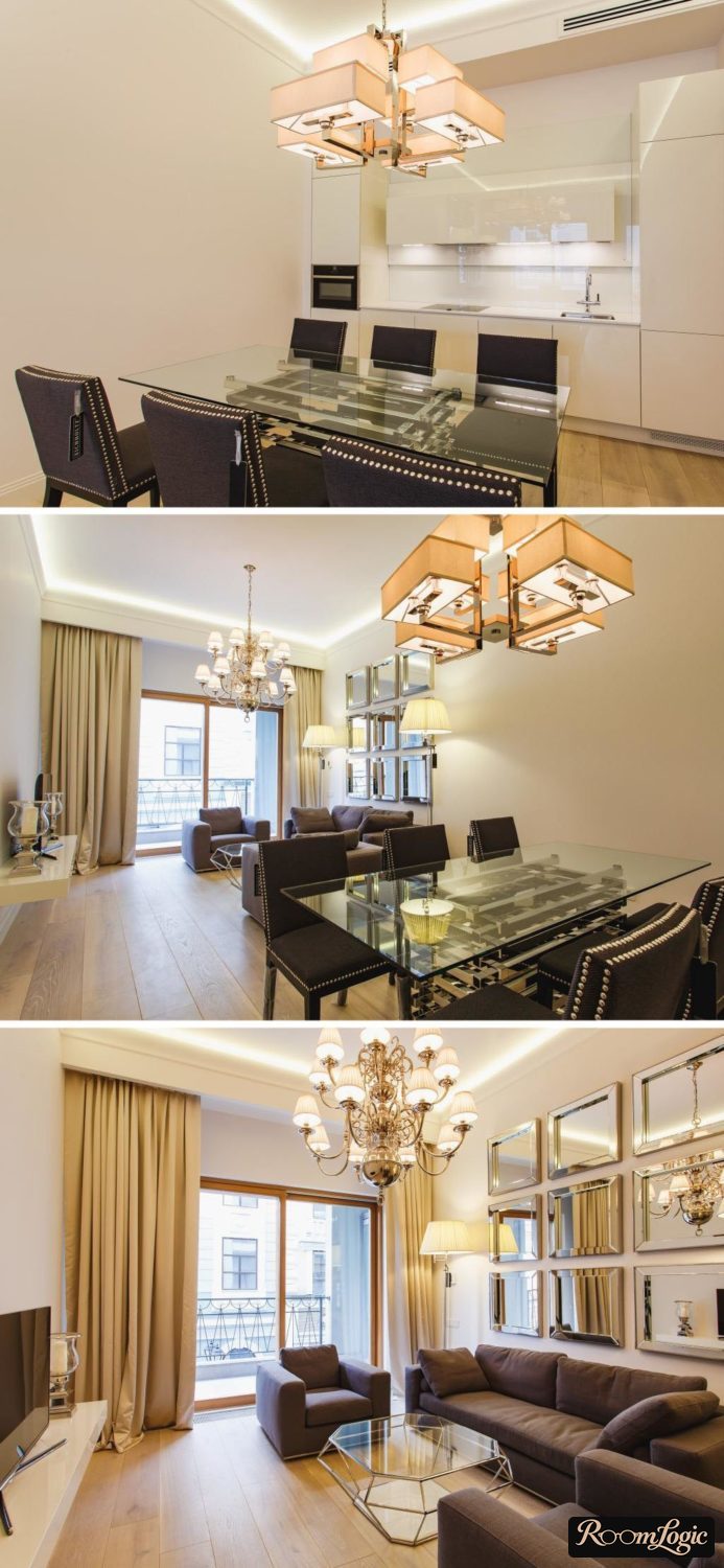 glass dining table in kitchen-living room
