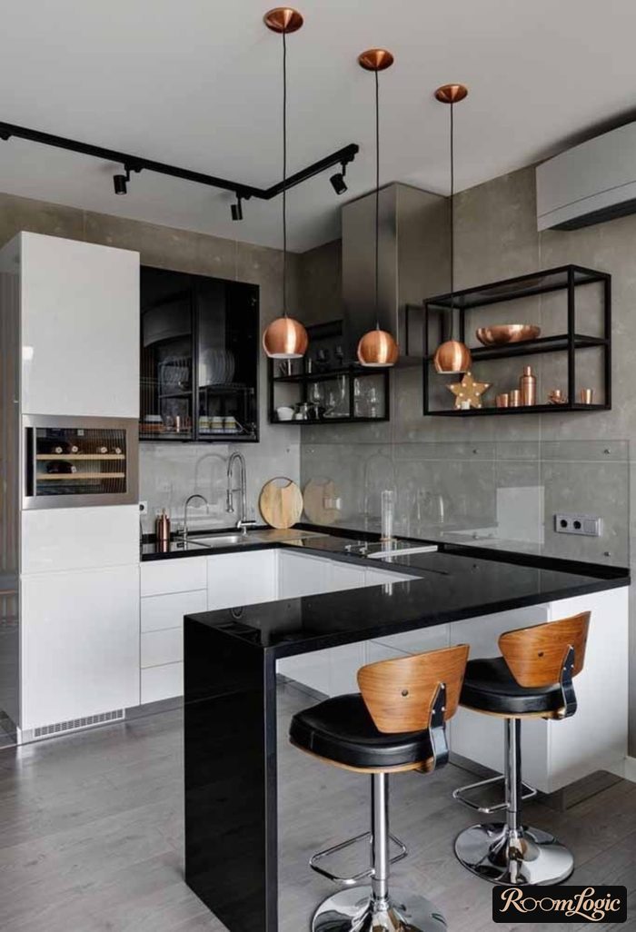 glass skylights on a decorative plaster backsplash in a loft style kitchen