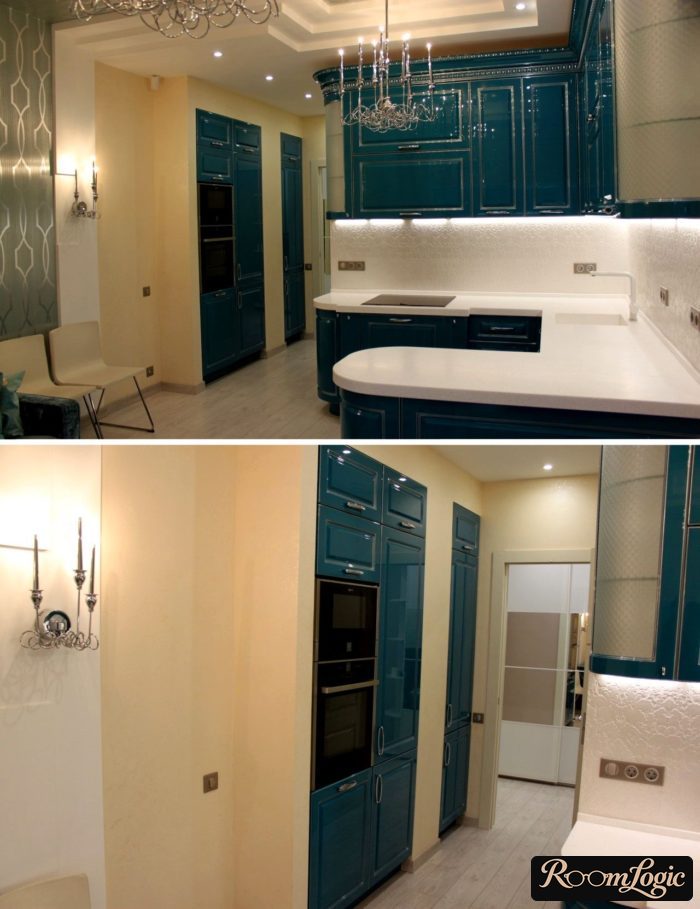 Glossy blue kitchen in classic style