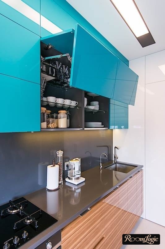 Glossy light blue upper kitchen cabinet