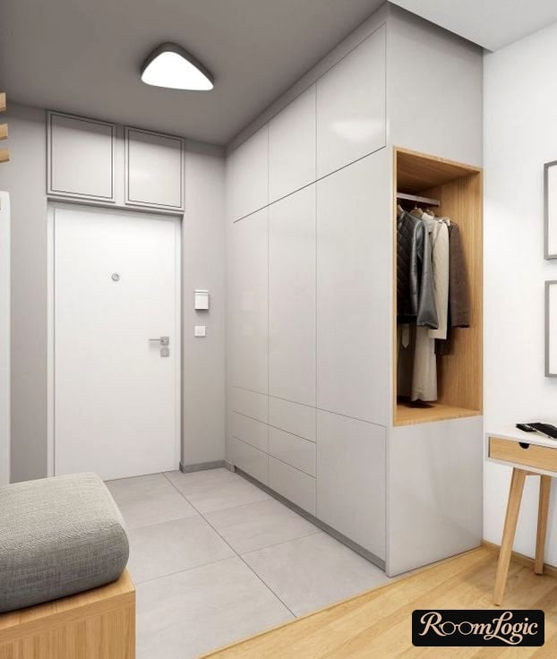 Glossy light gray entryway in modern style in a small hallway