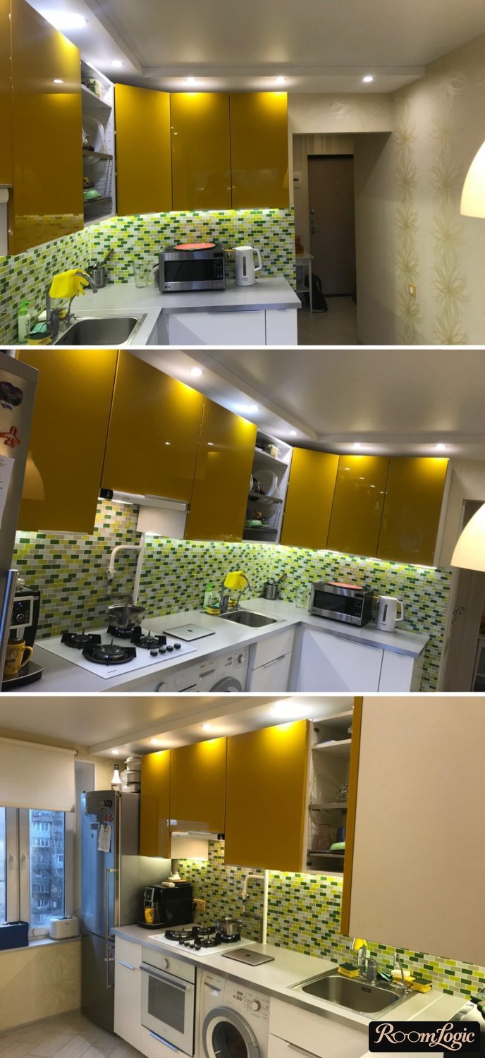 Glossy orange corner kitchen cabinets for small kitchen