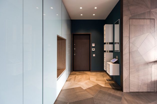 Glossy wardrobe in the interior of a large entryway
