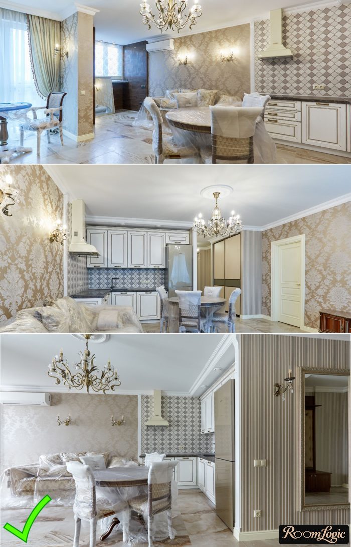 gold wallpaper with a pattern in the kitchen-living room