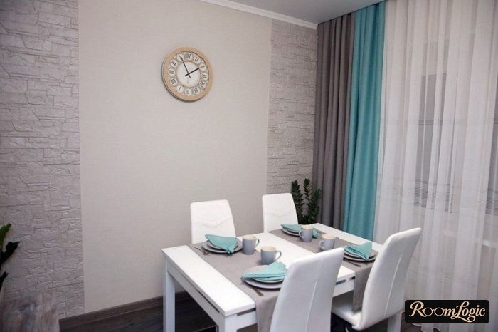 gray and light blue curtains on the kitchen balcony