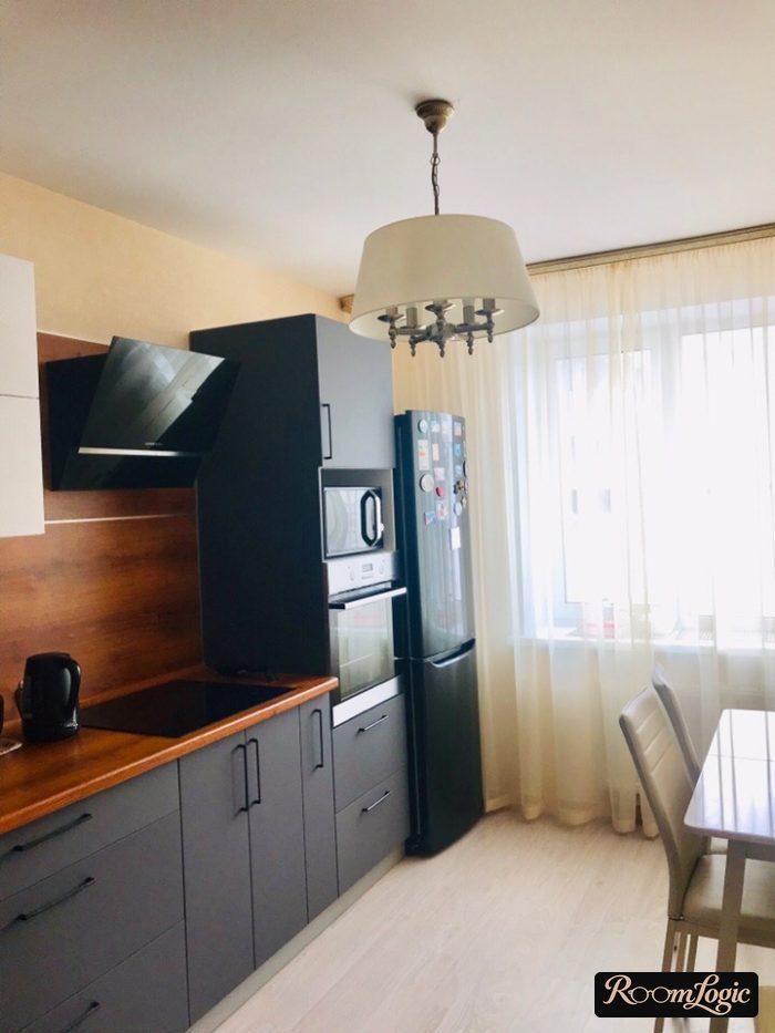 Gray and light blue kitchen design