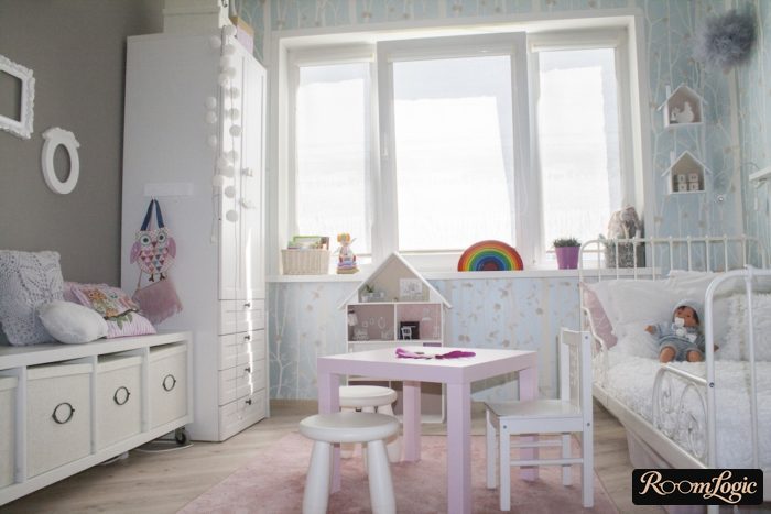 gray and light pink color in a girls' room