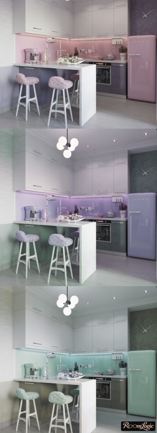 gray and sero-pink and sero-aqua kitchen