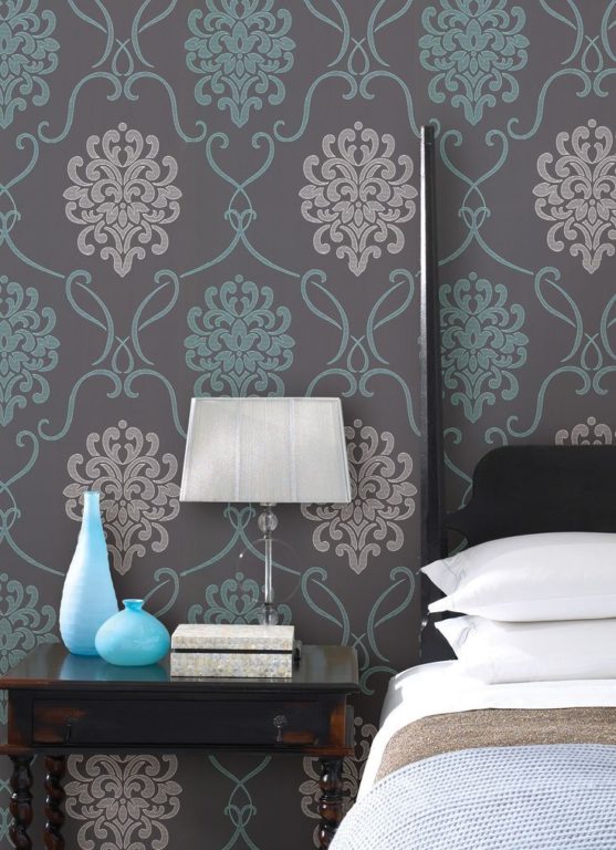 Gray and turquoise wallpaper in bedroom designs