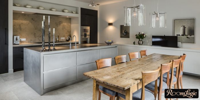 gray and wood in a loft kitchen interior