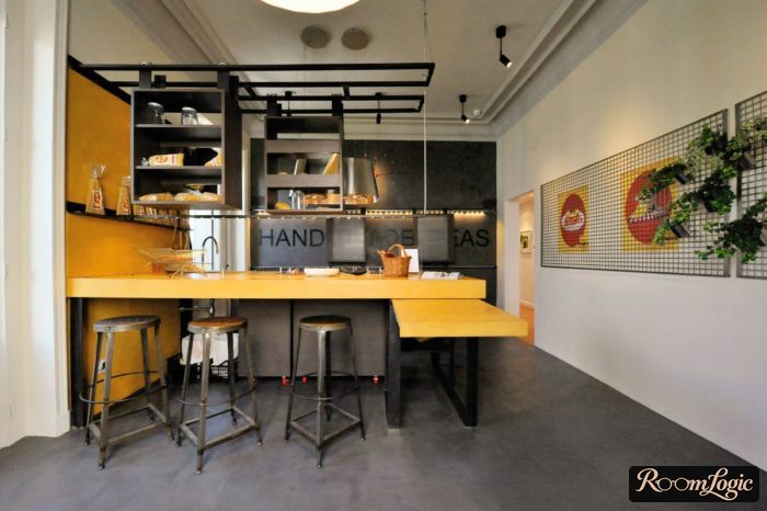 gray and yellow color combination on a loft-style kitchen
