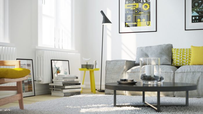 gray and yellow combination in scandi interior