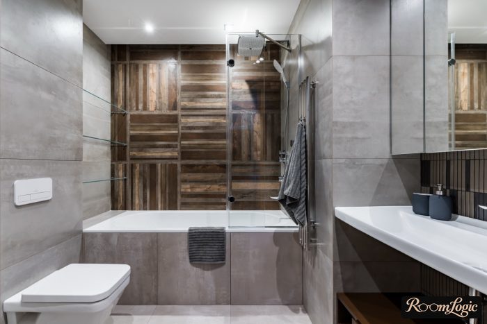 gray bathroom with concrete-look and wood tile
