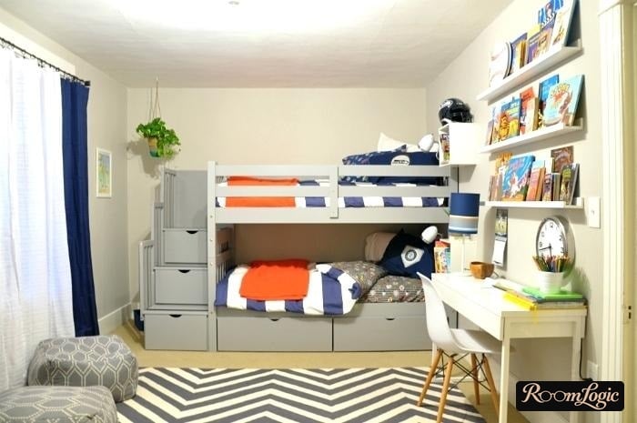 gray bed with shelves steps leading to second level