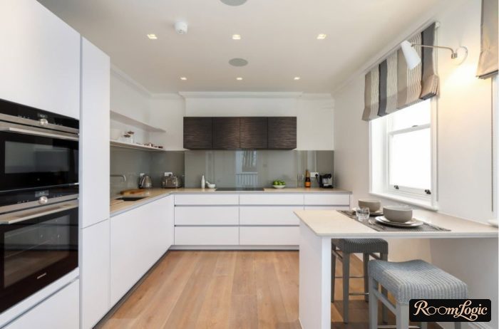 gray-beige short curtains on white kitchen