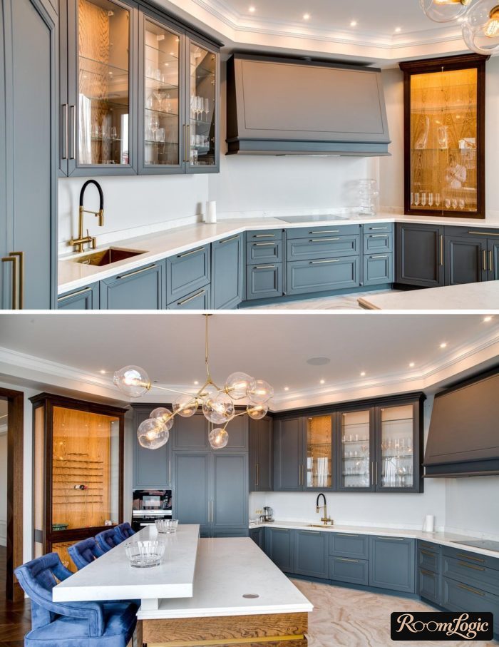 Gray-blue kitchen in neoclassical style