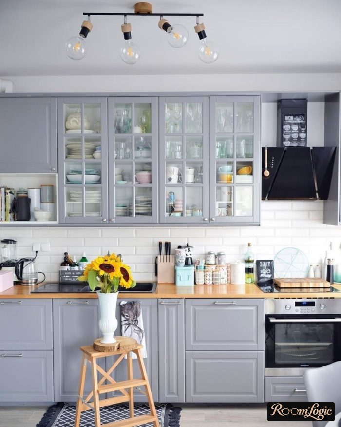 Gray-blue kitchen in neoclassical style with a buffet