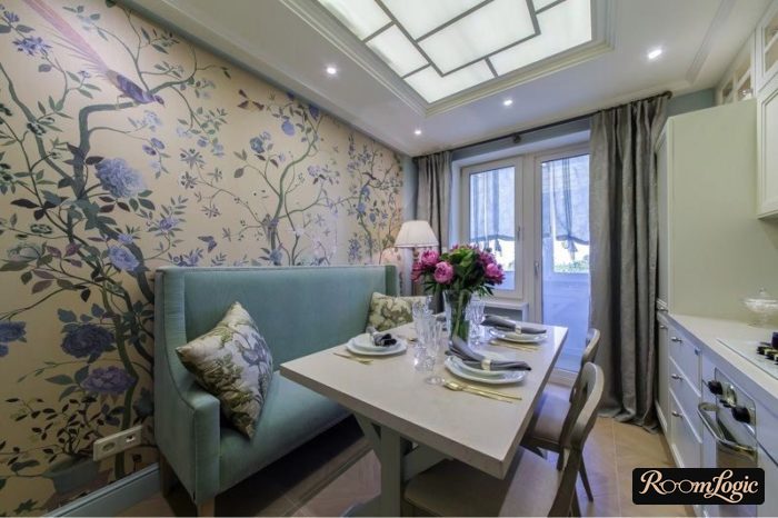 gray curtains on both sides in the kitchen interior with a balcony door