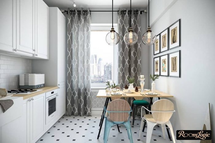 gray curtains on curtain rods in a scandi kitchen