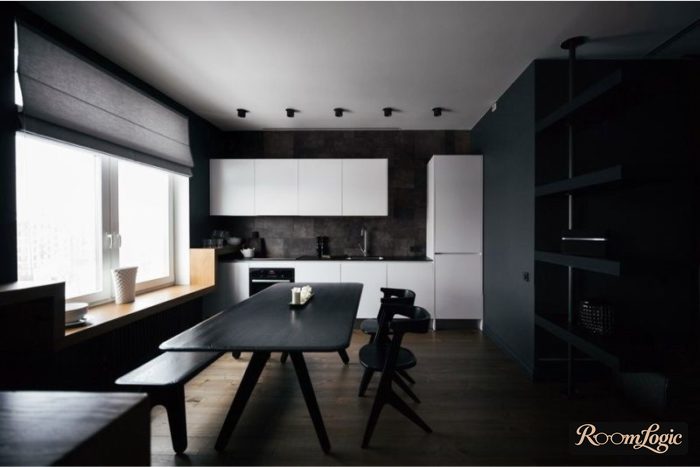 gray curtains on the kitchen in high tech minimalism