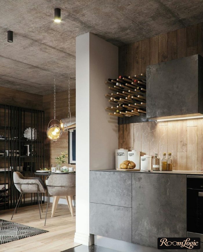 gray curtains on the kitchen walls