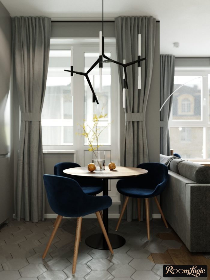 gray curtains with rings on the kitchen with a balcony door