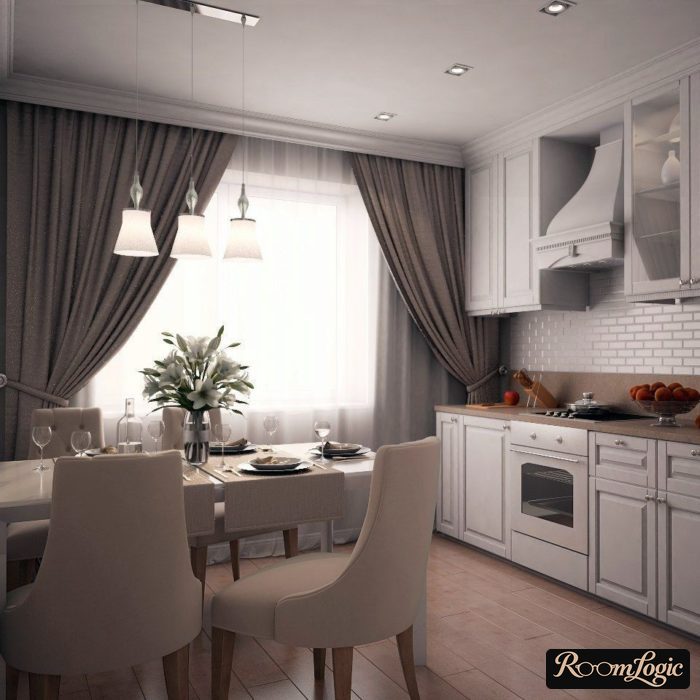 gray curtains with ties in a white kitchen