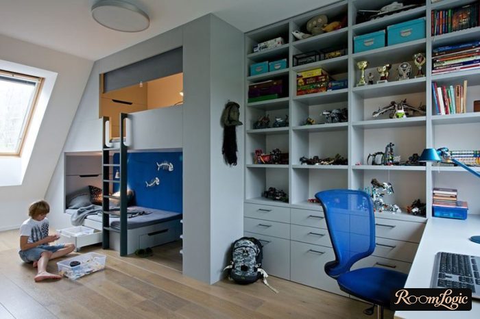 gray furniture and loft bed in the interior of a boy's kids' room