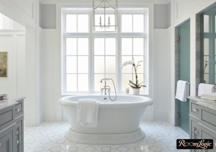 Gray furniture with white and light blue in the bathroom in a Provence style